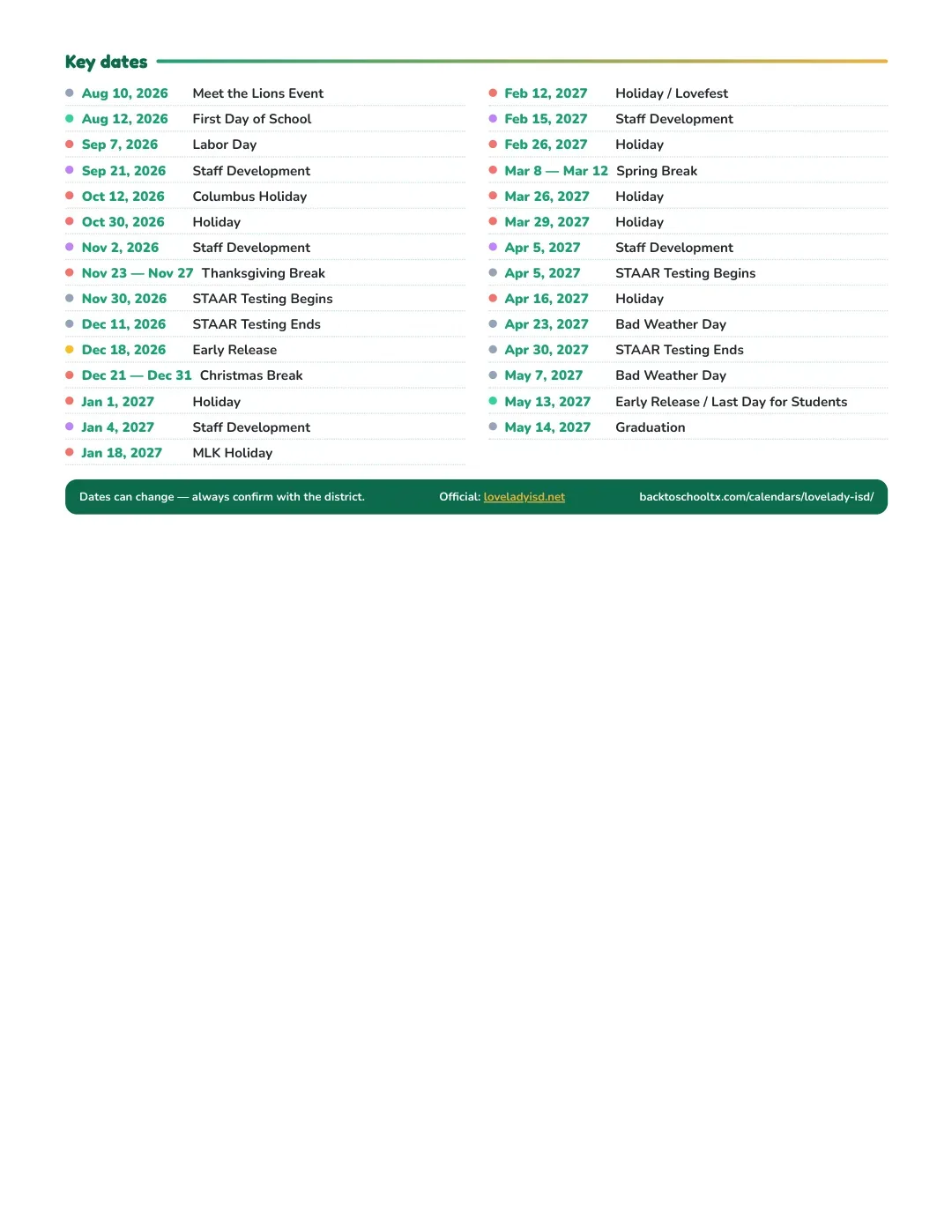 Lovelady ISD Calendar for the Year 26-27 — key dates