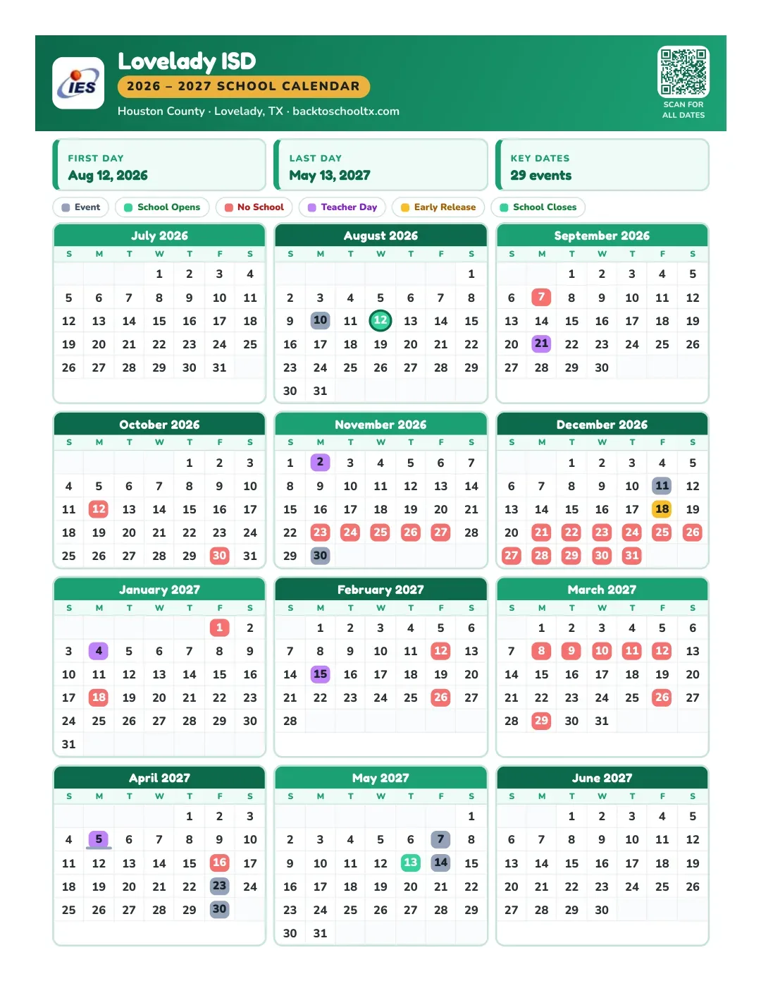 Lovelady ISD Calendar for the Year 26-27