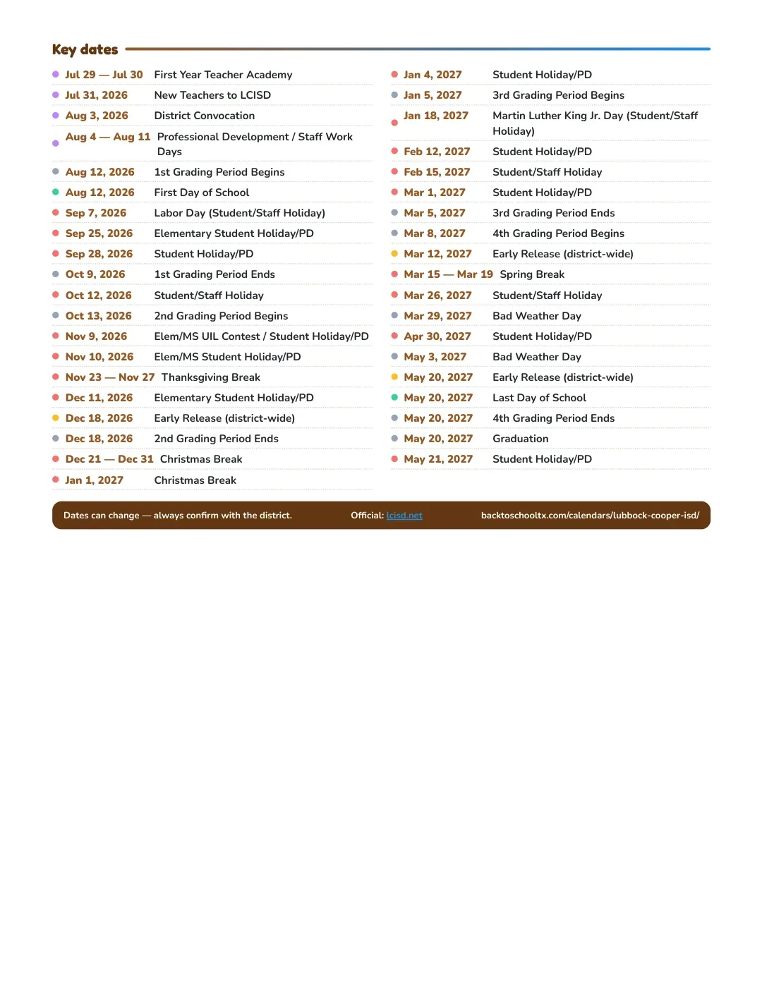 Lubbock-cooper ISD Calendar for the Year 26-27 — key dates