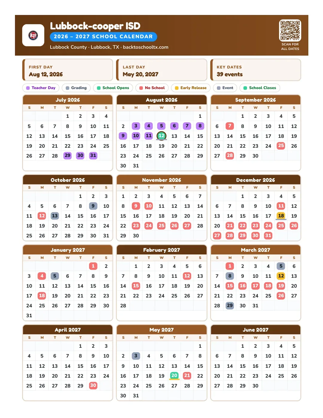 Lubbock-cooper ISD Calendar for the Year 26-27