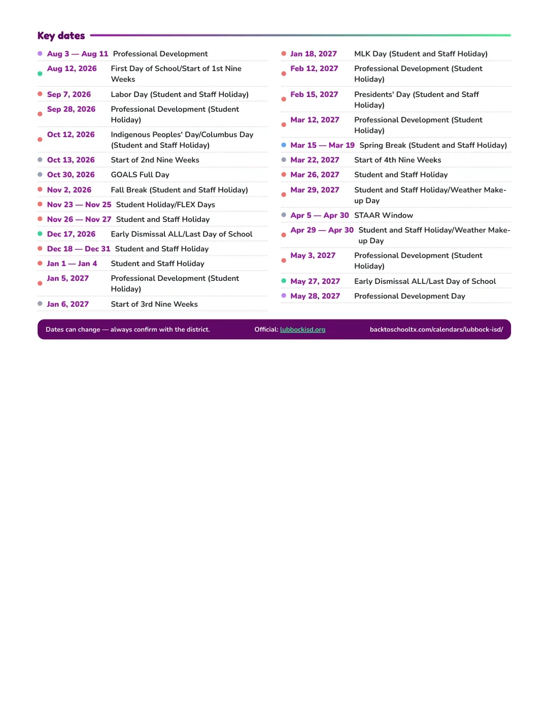 Lubbock ISD Calendar for the Year 26-27 — key dates