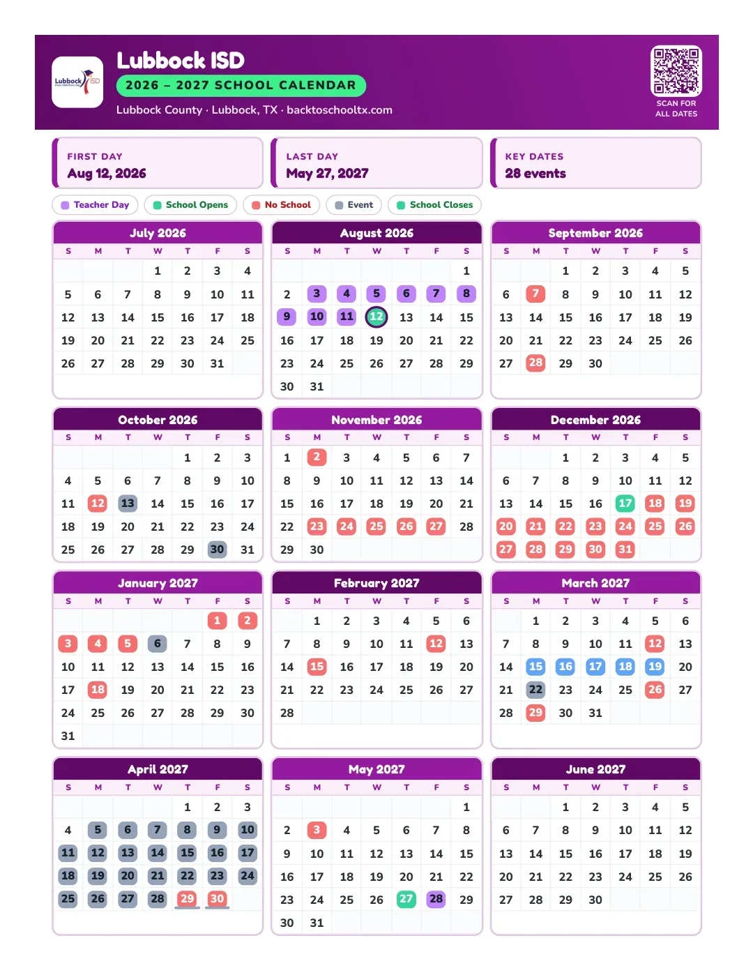 Lubbock ISD Calendar for the Year 26-27