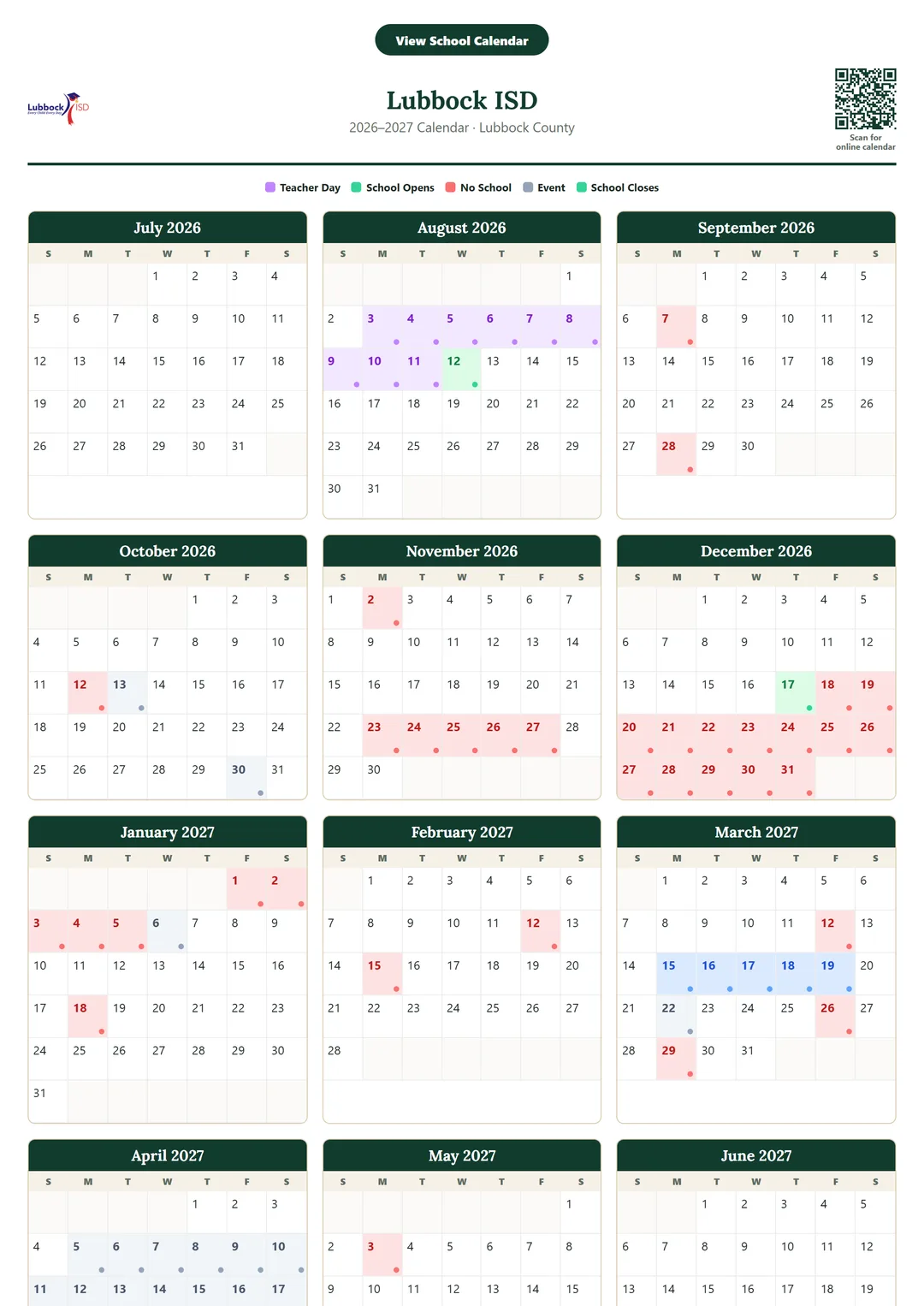 Lubbock ISD printable 2026–2027 calendar