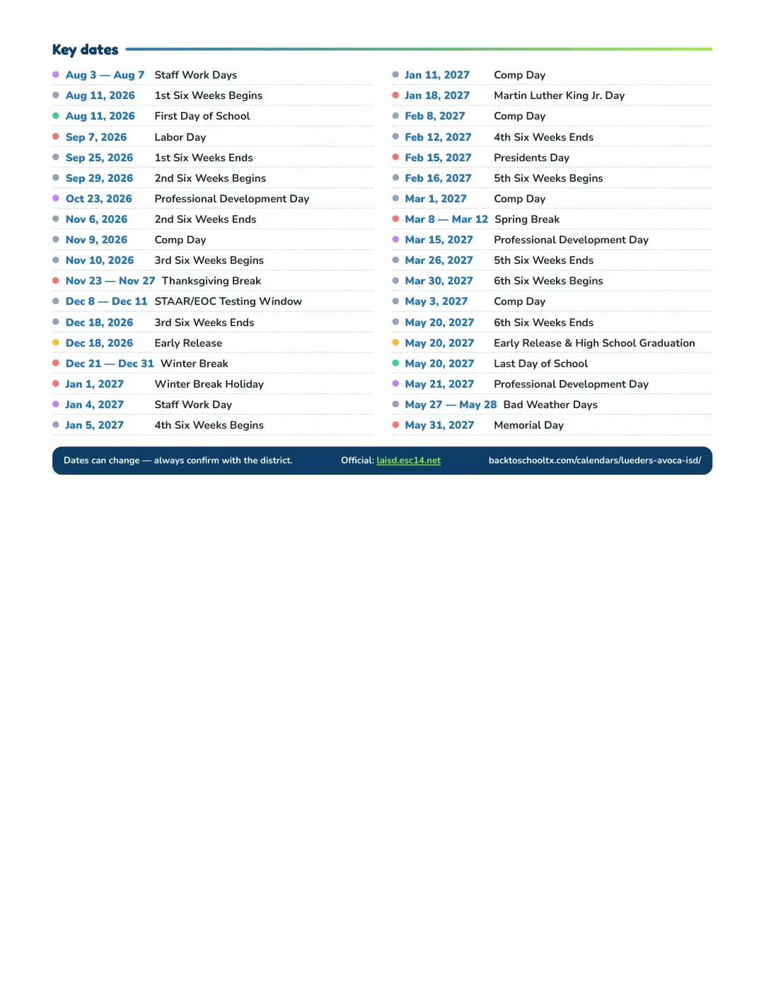 Lueders-avoca ISD Calendar for the Year 26-27 — key dates