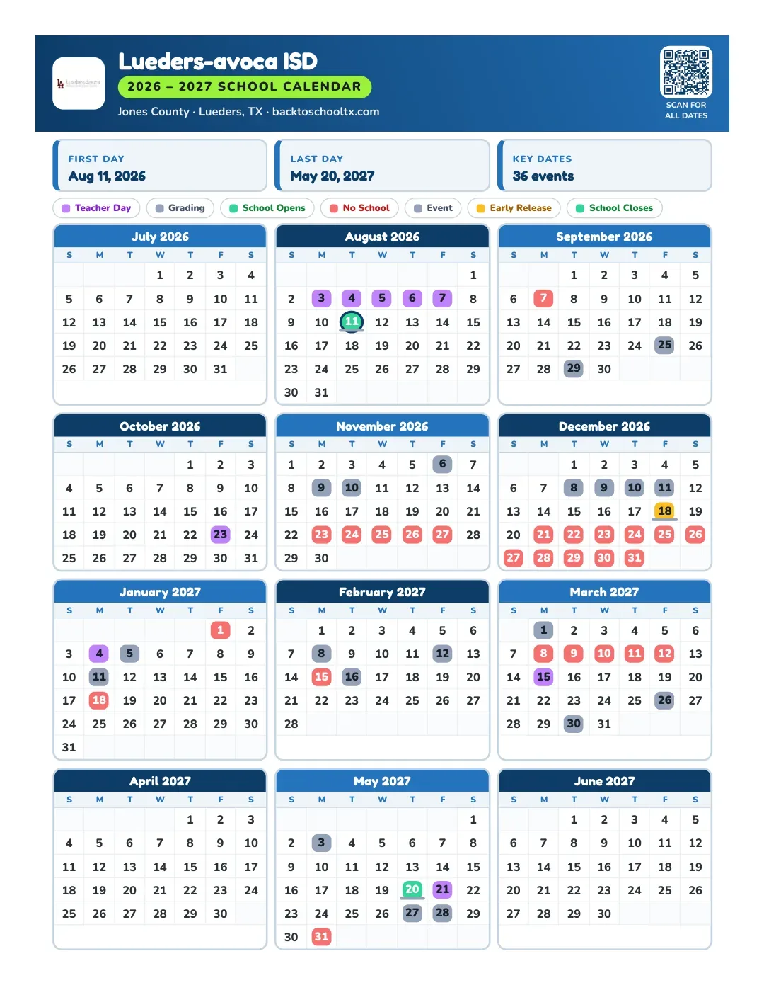 Lueders-avoca ISD Calendar for the Year 26-27