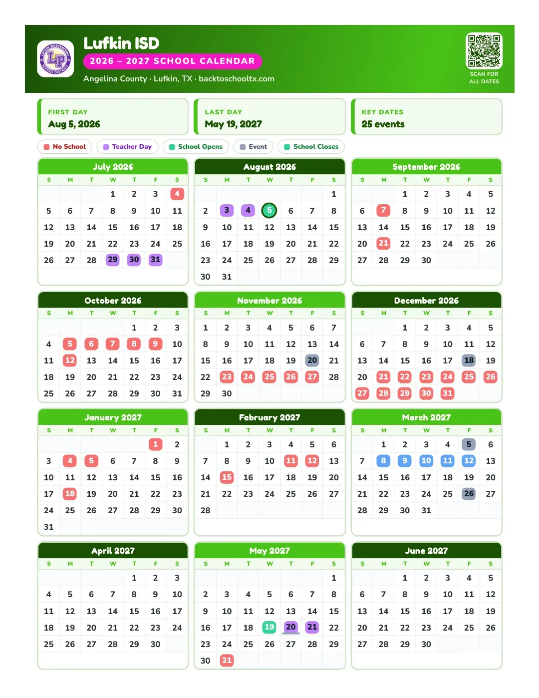 Lufkin ISD Calendar for the Year 26-27