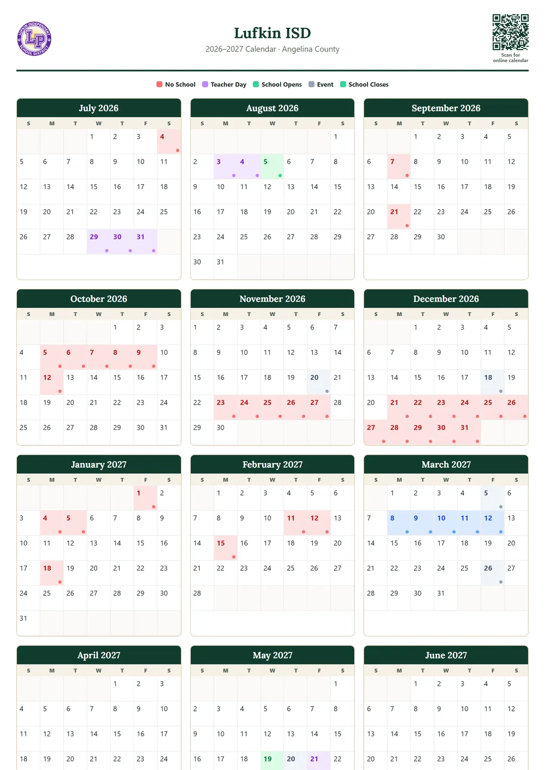 Lufkin ISD printable 2026–2027 calendar