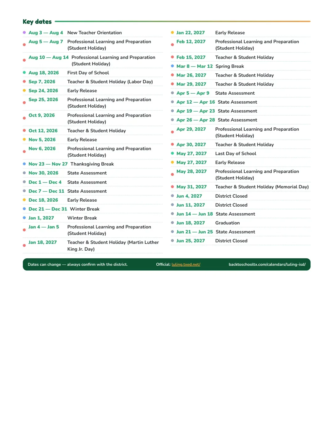 Luling ISD Calendar for the Year 26-27 — key dates