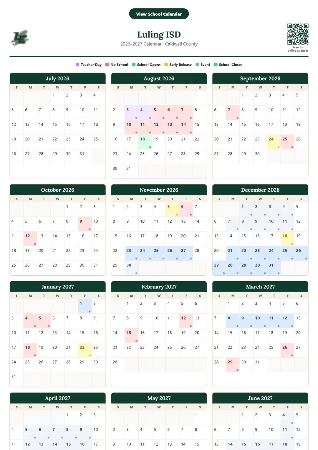 Luling ISD printable 2026–2027 calendar