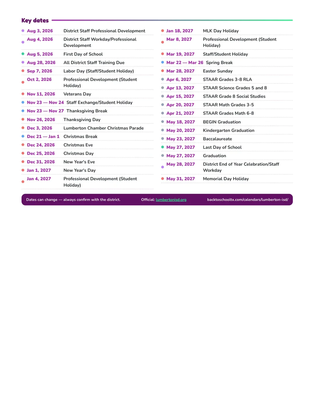 Lumberton ISD Calendar for the Year 26-27 — key dates