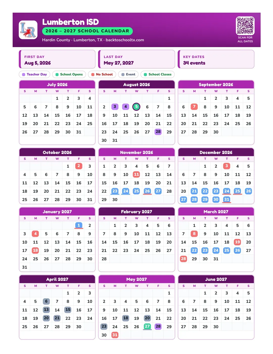 Lumberton ISD Calendar for the Year 26-27
