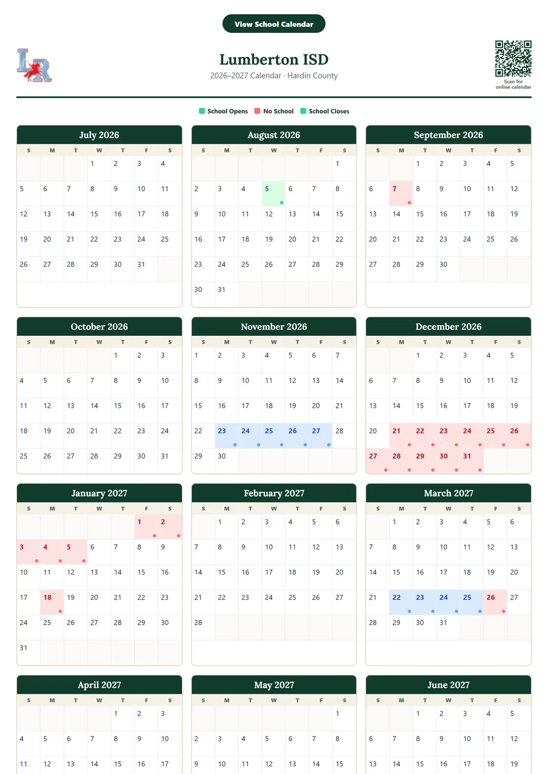 Lumberton ISD printable 2026–2027 calendar