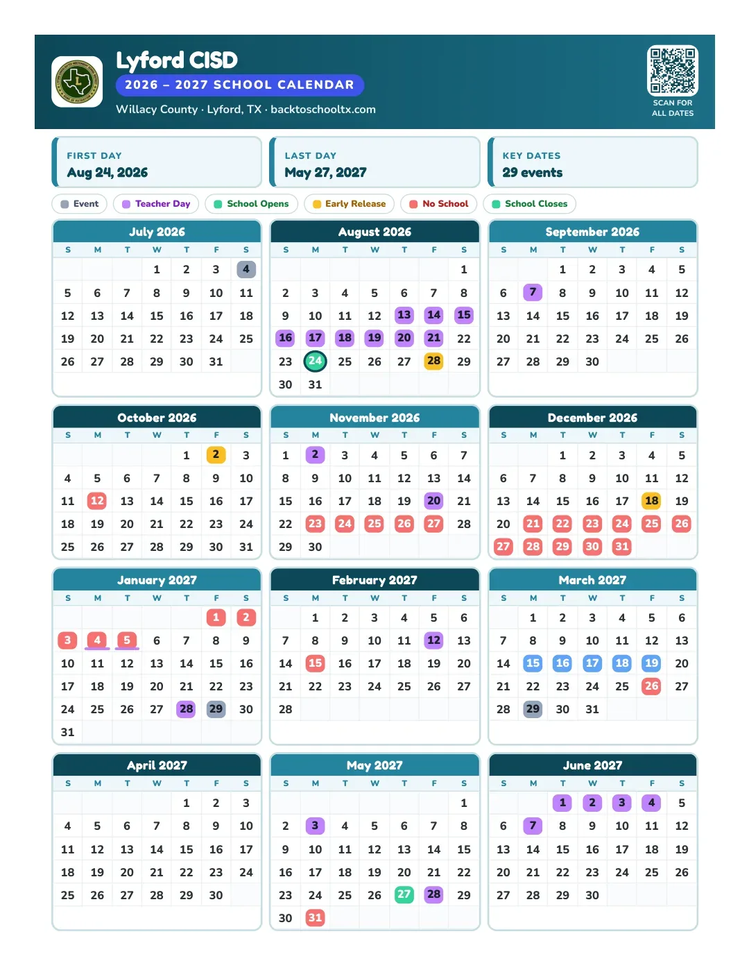 Lyford CISD Calendar for the Year 26-27