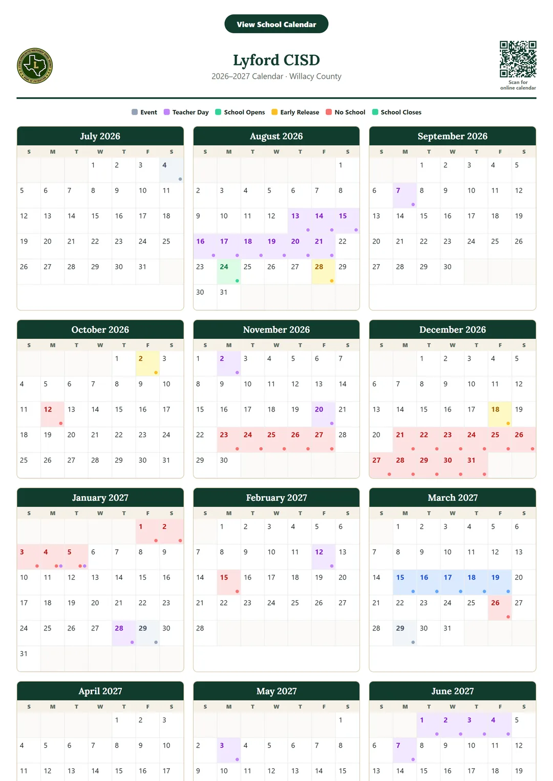 Lyford CISD printable 2026–2027 calendar