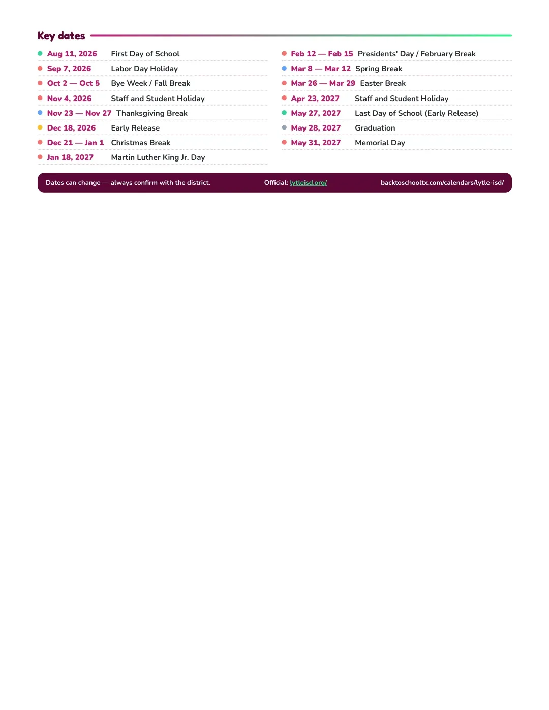 Lytle ISD Calendar for the Year 26-27 — key dates