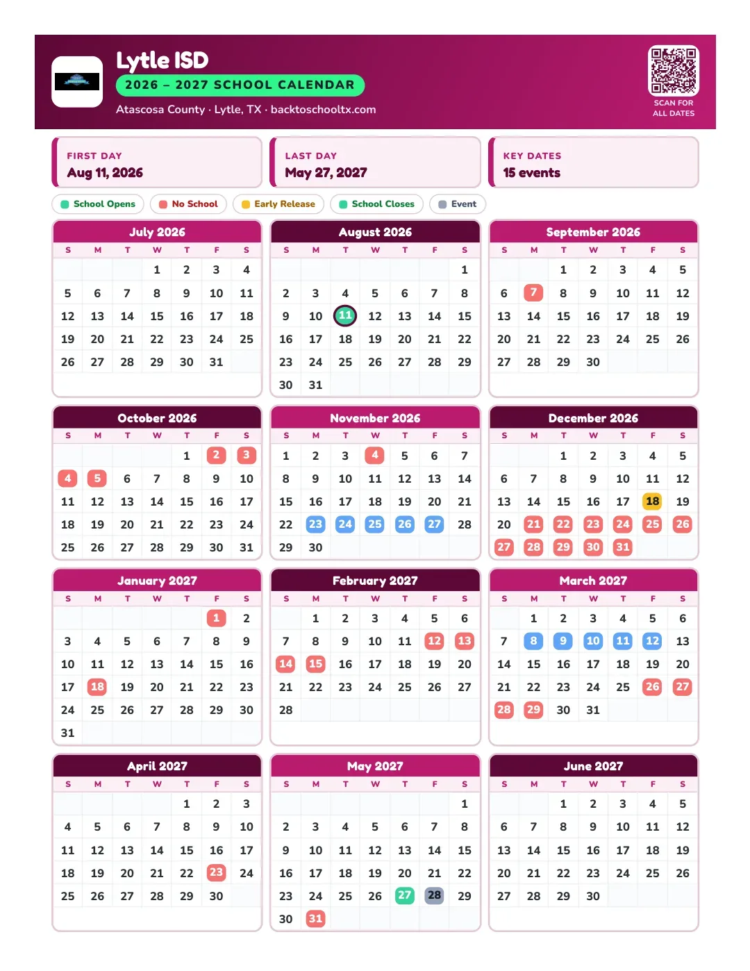Lytle ISD Calendar for the Year 26-27