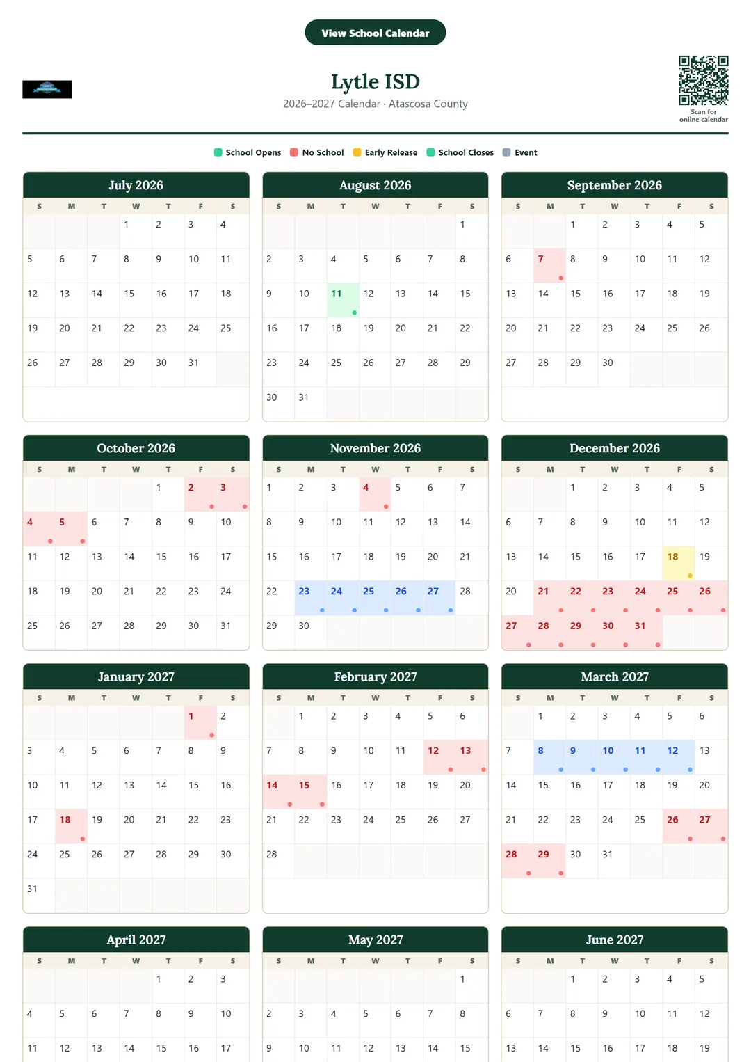 Lytle ISD printable 2026–2027 calendar