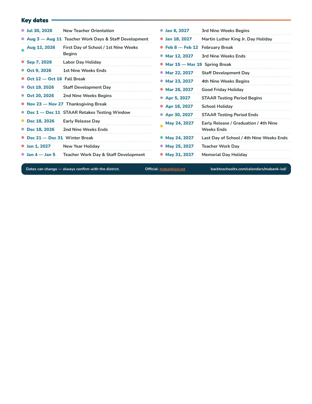 Mabank ISD Calendar for the Year 26-27 — key dates