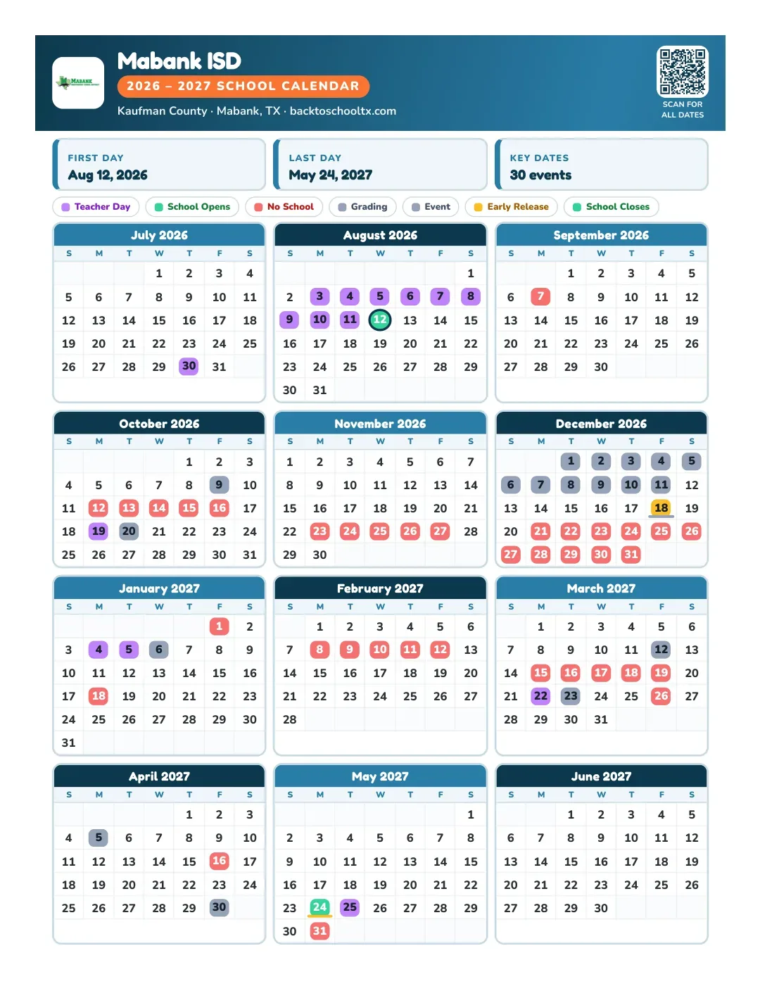 Mabank ISD Calendar for the Year 26-27