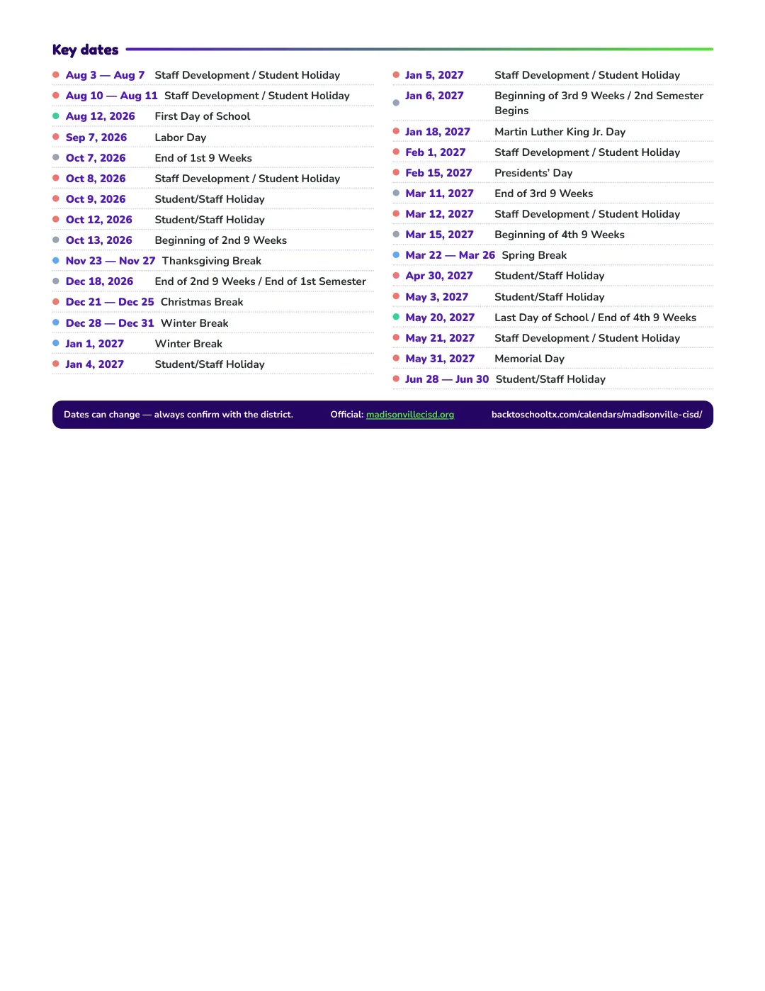 Madisonville CISD Calendar for the Year 26-27 — key dates