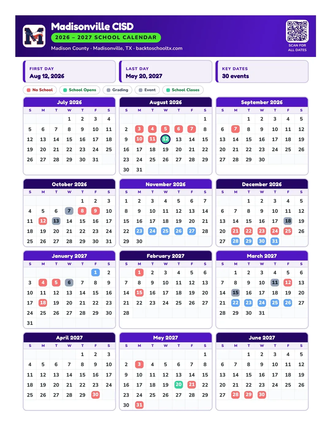 Madisonville CISD Calendar for the Year 26-27