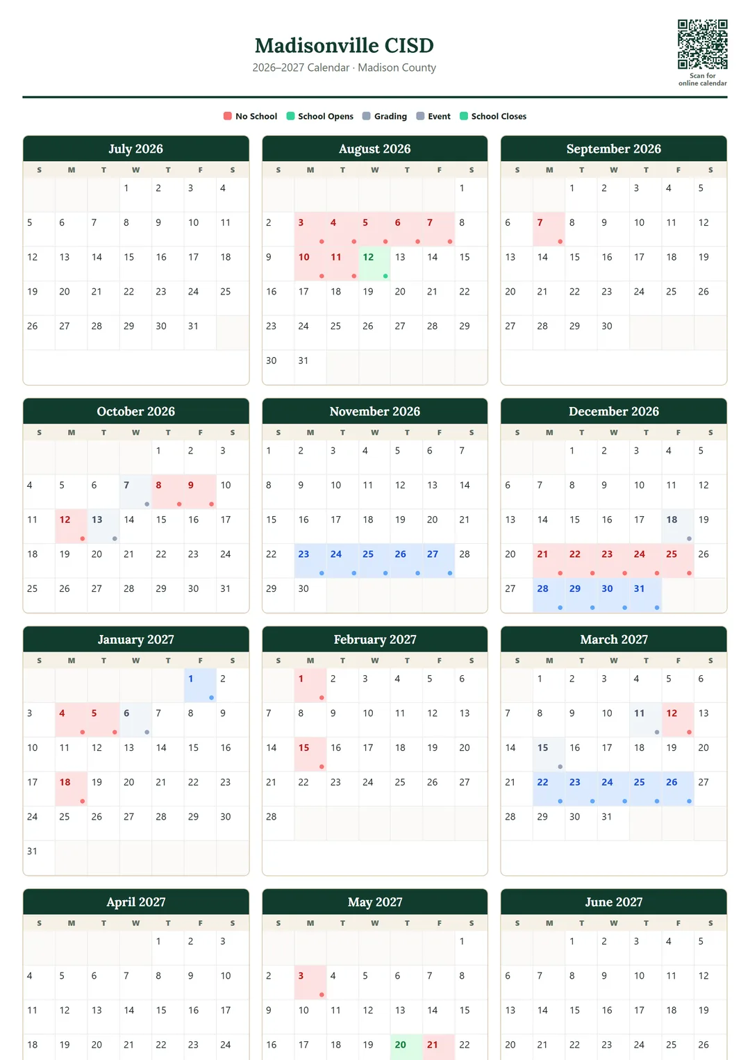 Madisonville CISD printable 2026–2027 calendar
