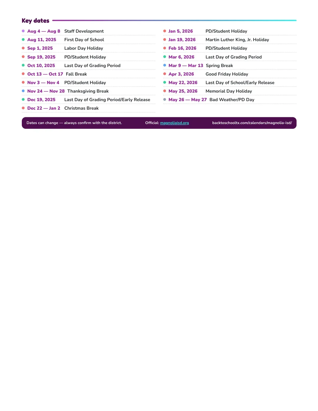 Magnolia ISD Calendar for the Year 26-27 — key dates