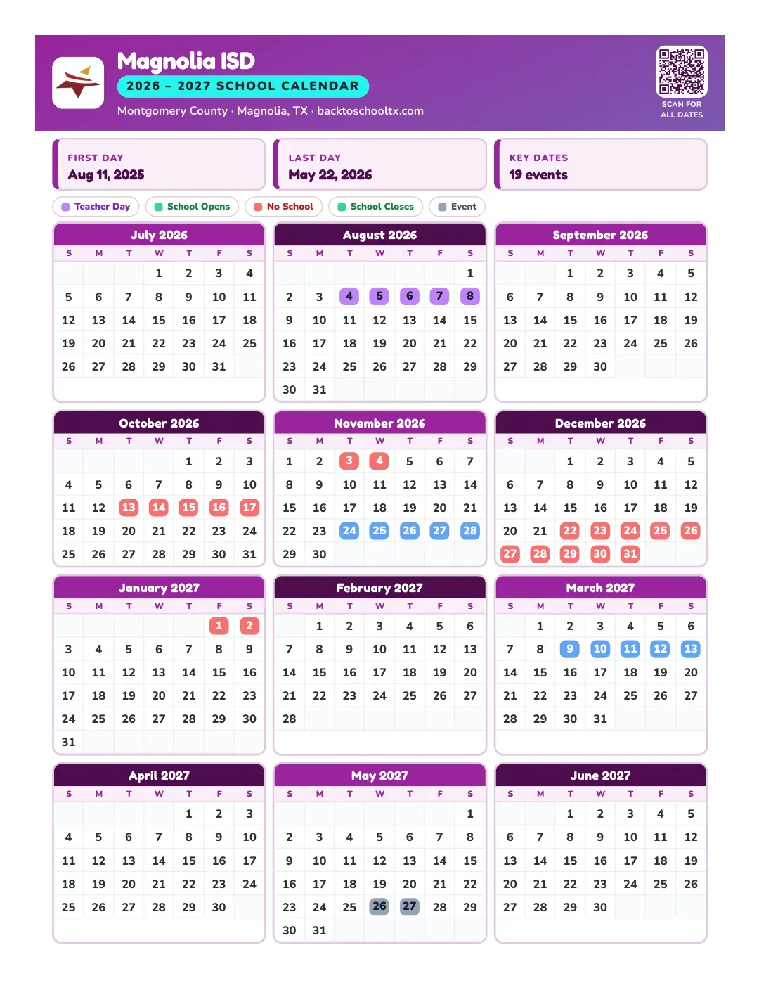 Magnolia ISD Calendar for the Year 26-27