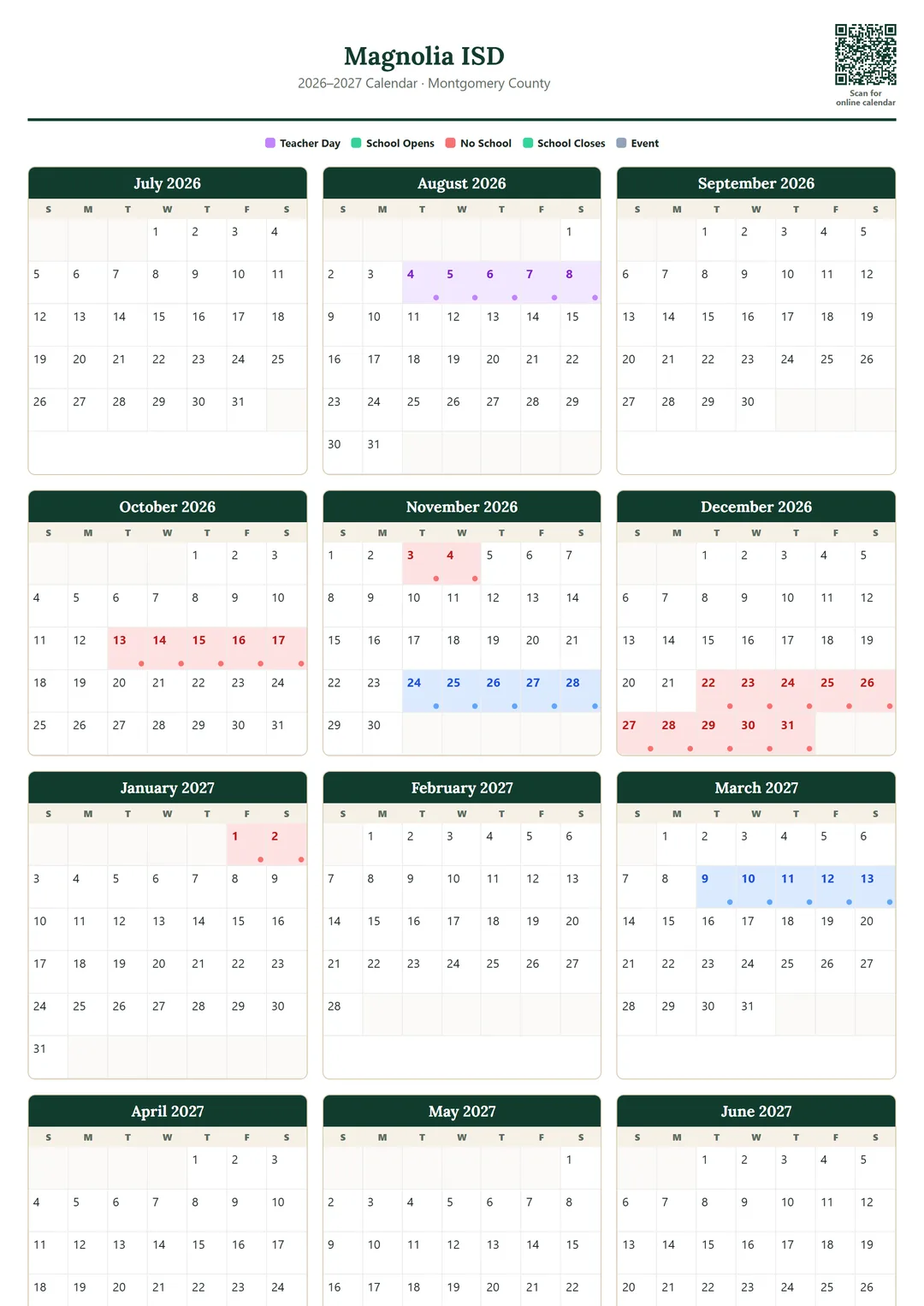 Magnolia ISD printable 2026–2027 calendar