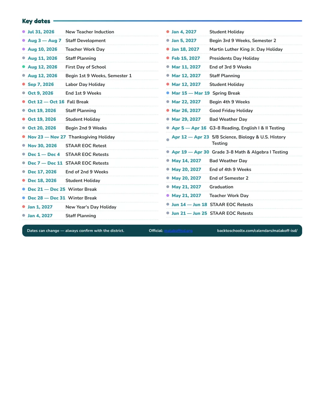 Malakoff ISD Calendar for the Year 26-27 — key dates