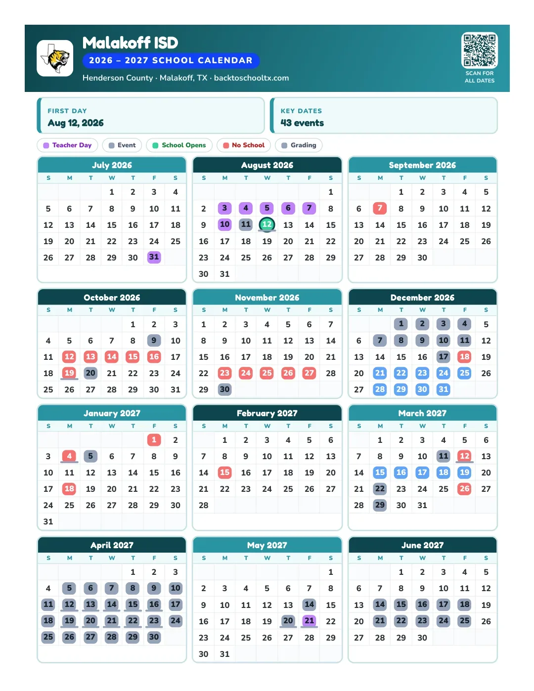 Malakoff ISD Calendar for the Year 26-27