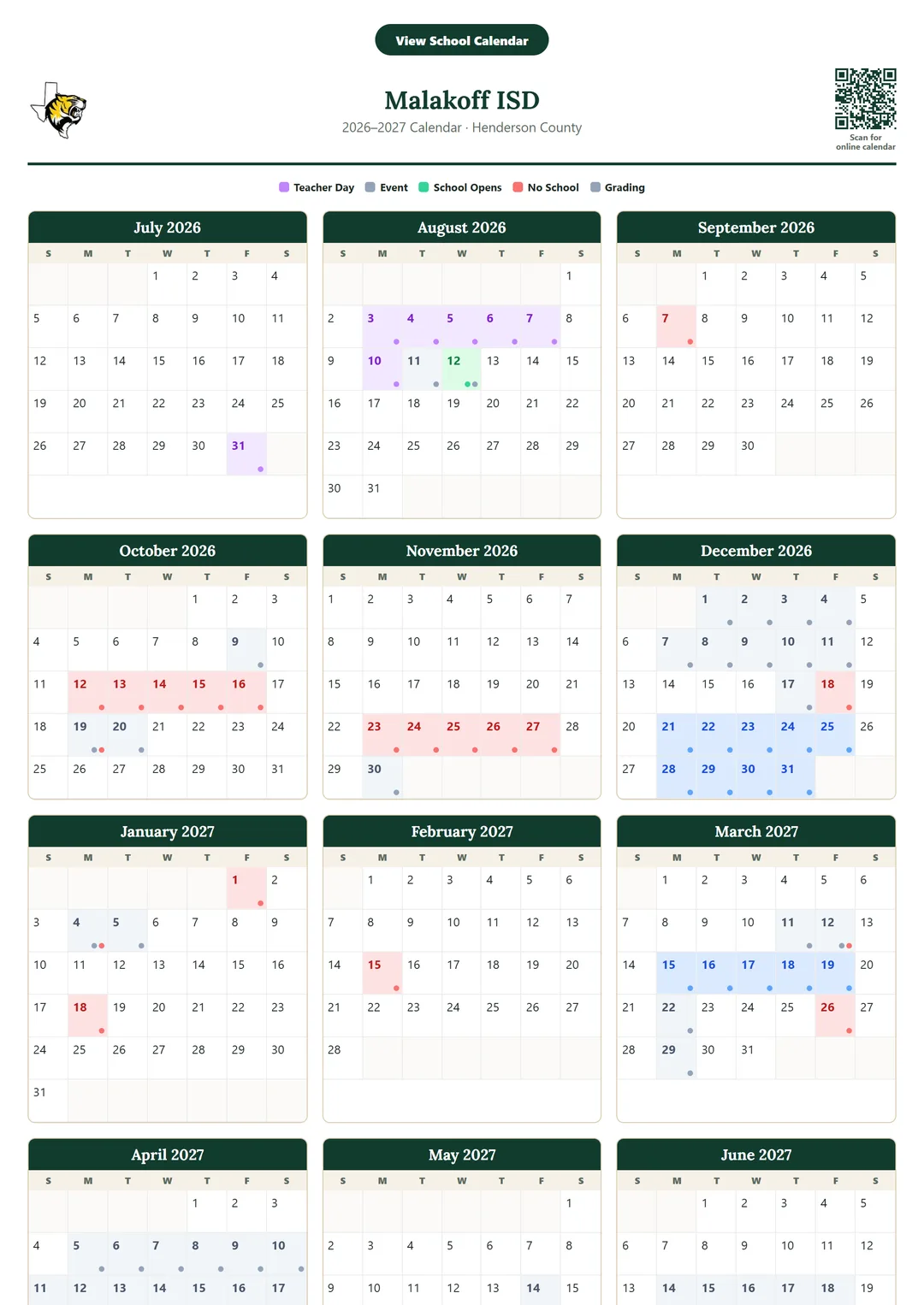 Malakoff ISD printable 2026–2027 calendar