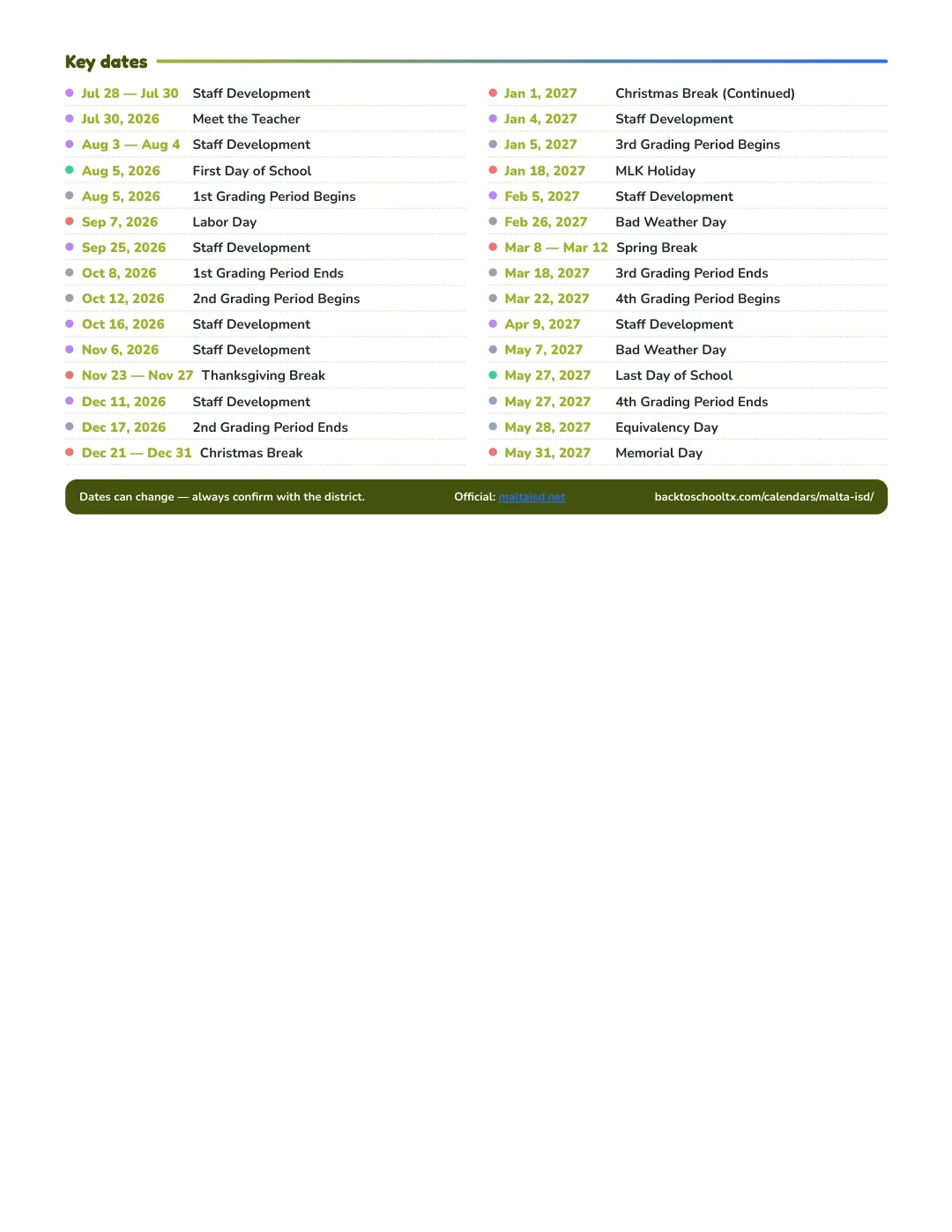 Malta ISD Calendar for the Year 26-27 — key dates