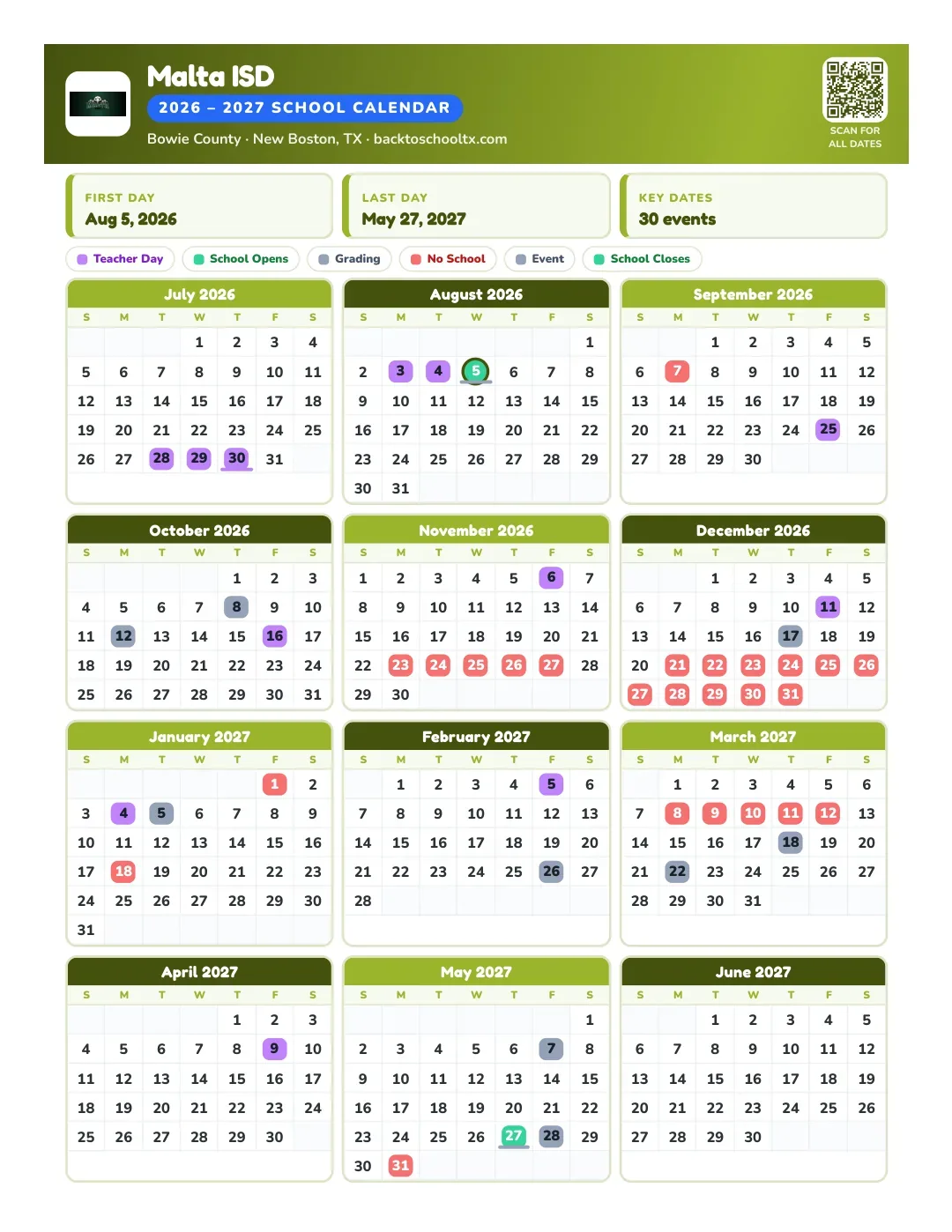 Malta ISD Calendar for the Year 26-27