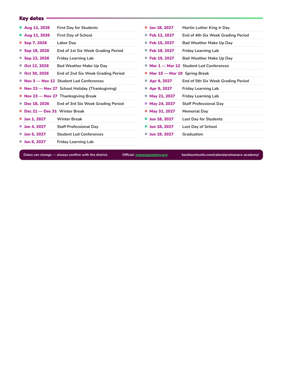 Manara Academy Calendar for the Year 26-27 — key dates