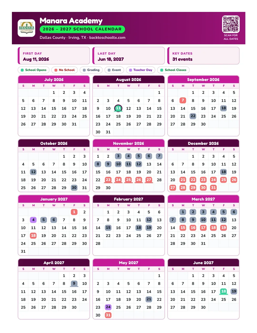 Manara Academy Calendar for the Year 26-27