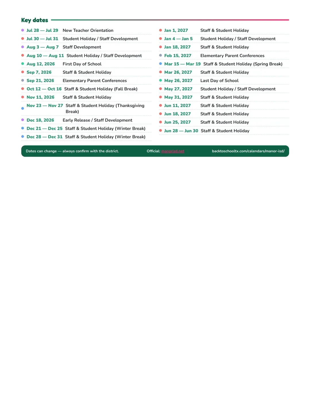 Manor ISD Calendar for the Year 26-27 — key dates