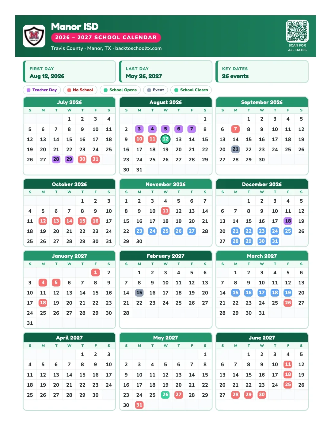 Manor ISD Calendar for the Year 26-27