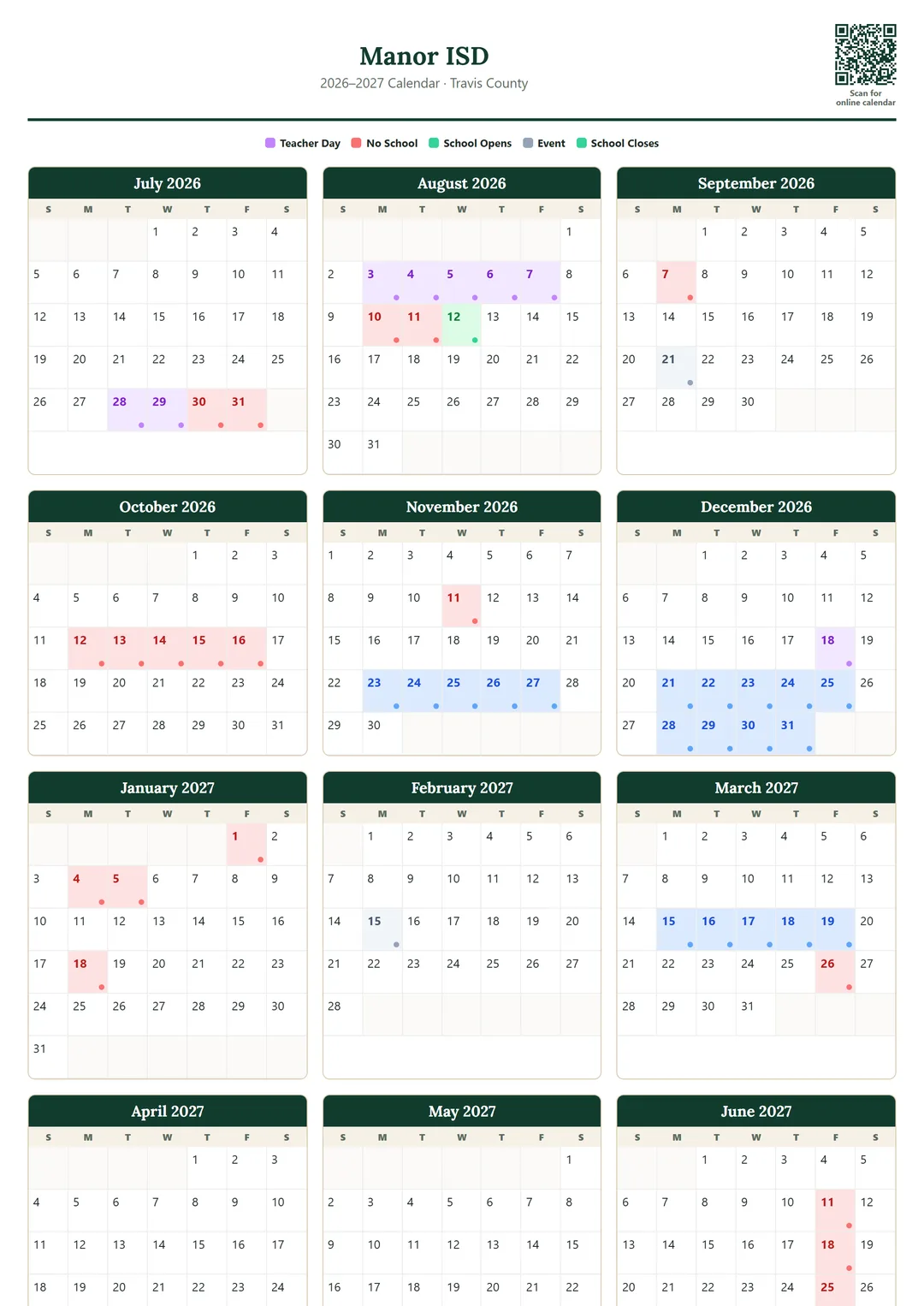 Manor ISD printable 2026–2027 calendar