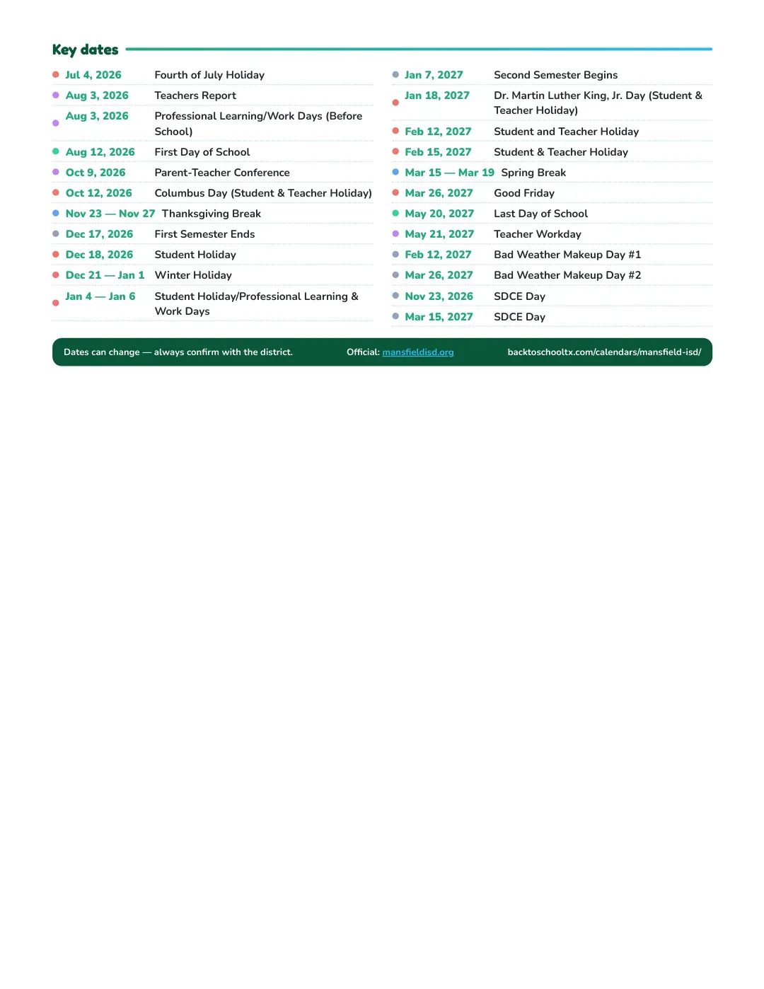 Mansfield ISD Calendar for the Year 26-27 — key dates