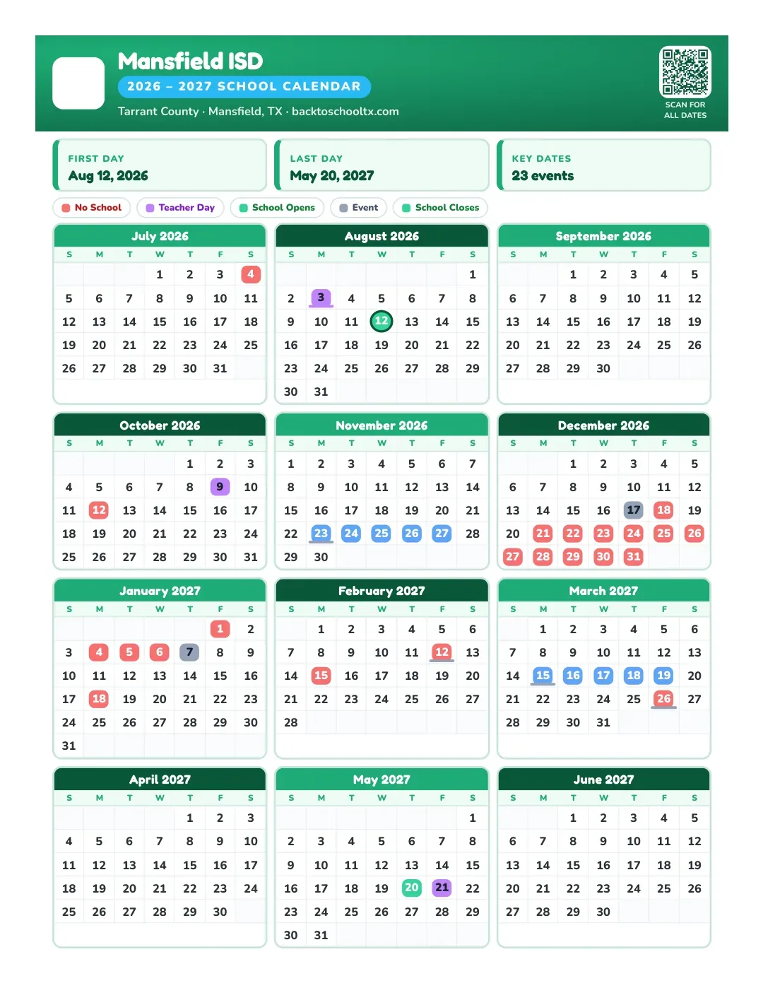 Mansfield ISD Calendar for the Year 26-27