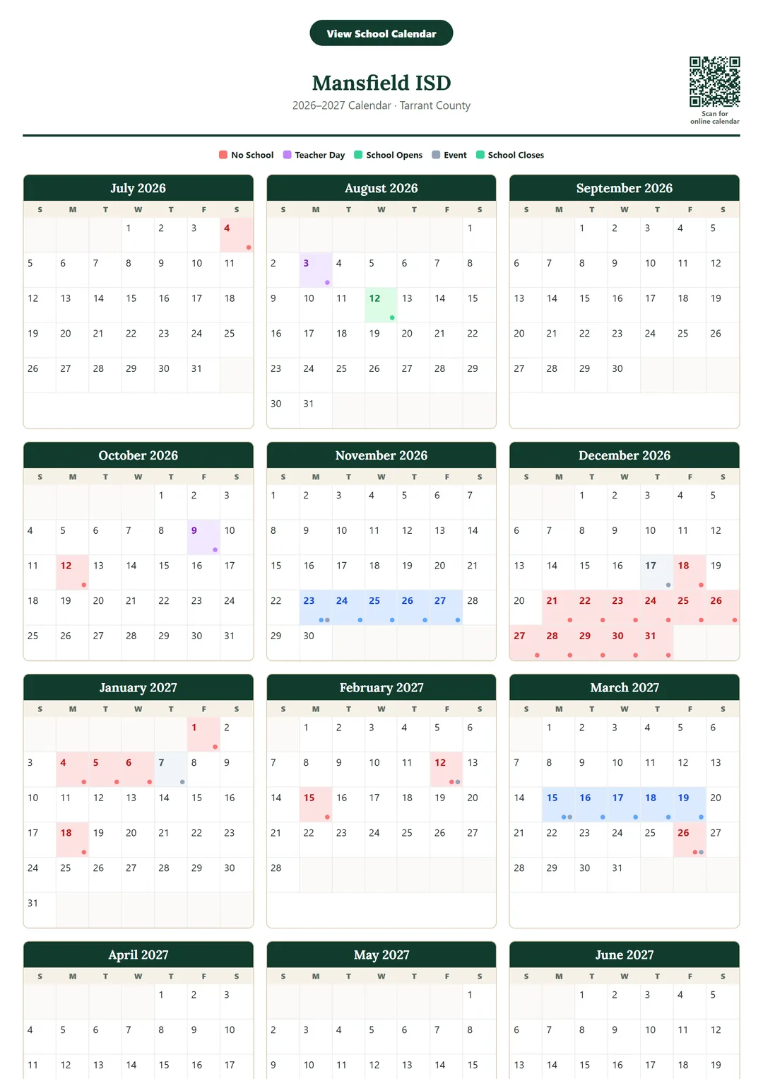 Mansfield ISD printable 2026–2027 calendar