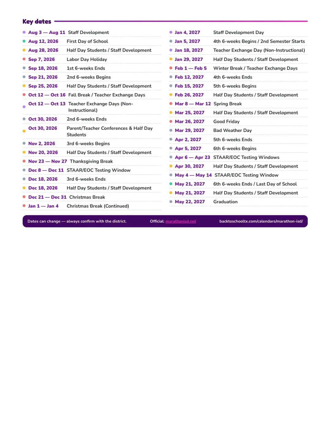 Marathon ISD Calendar for the Year 26-27 — key dates