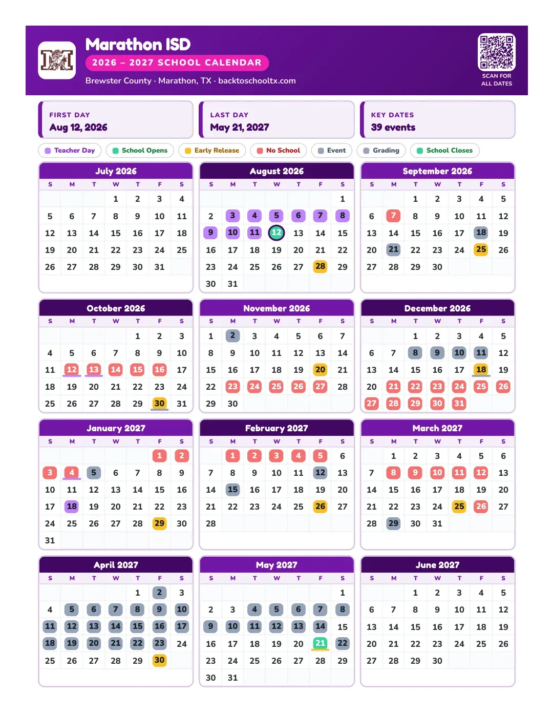 Marathon ISD Calendar for the Year 26-27