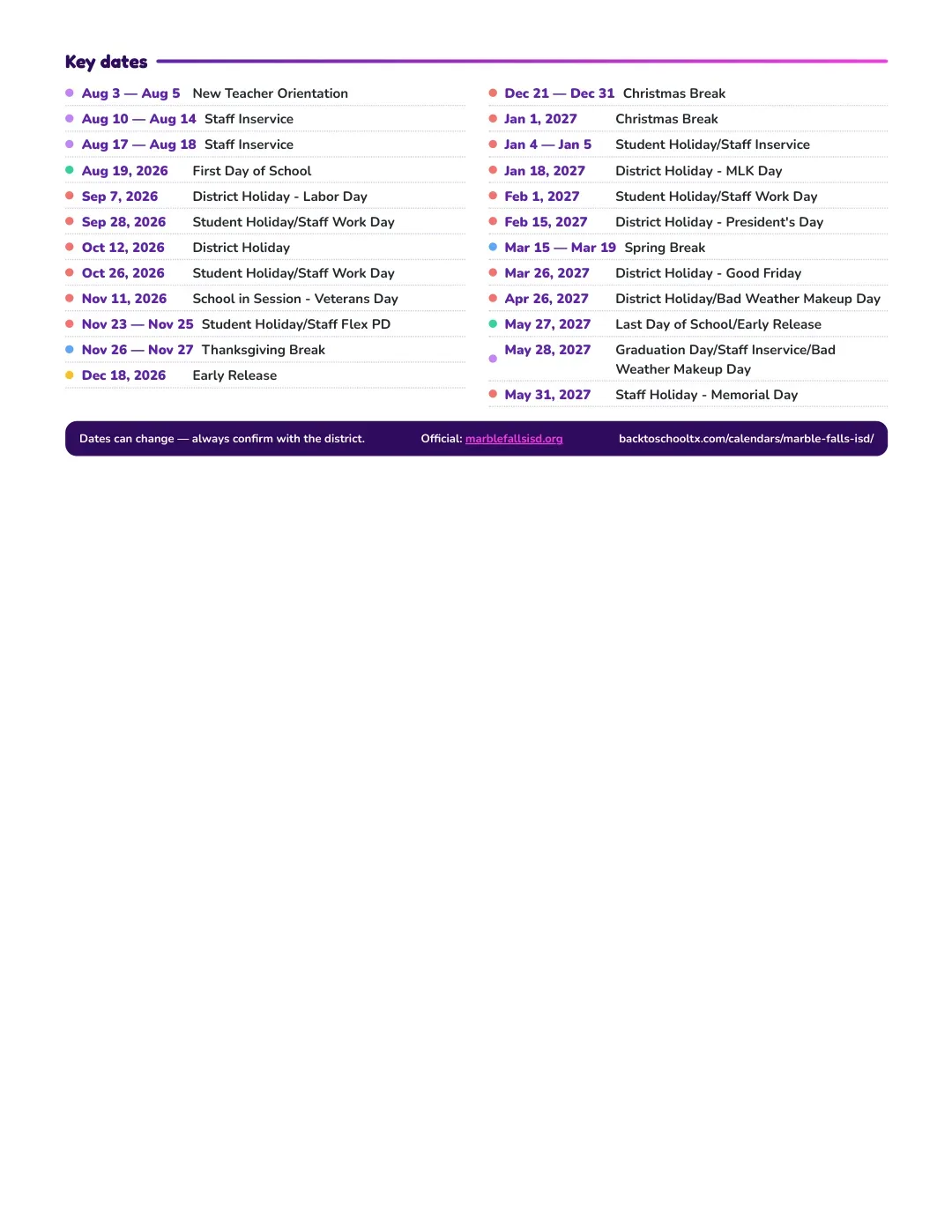 Marble Falls ISD Calendar for the Year 26-27 — key dates
