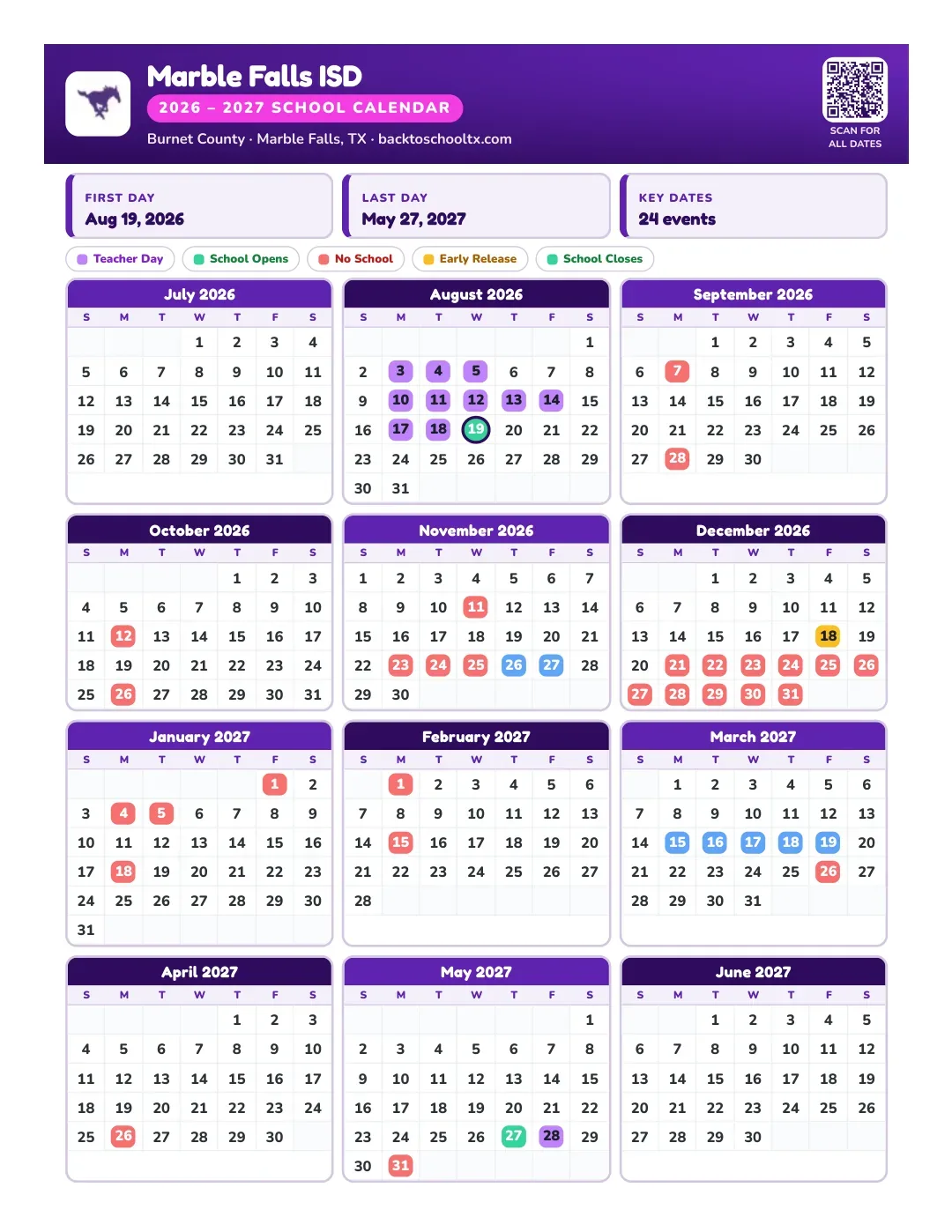 Marble Falls ISD Calendar for the Year 26-27