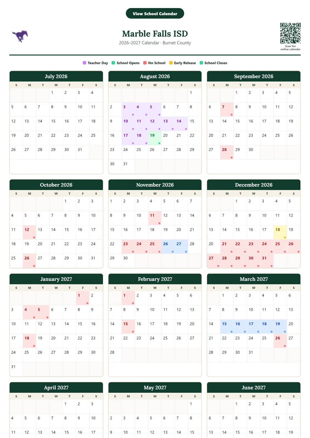 Marble Falls ISD printable 2026–2027 calendar