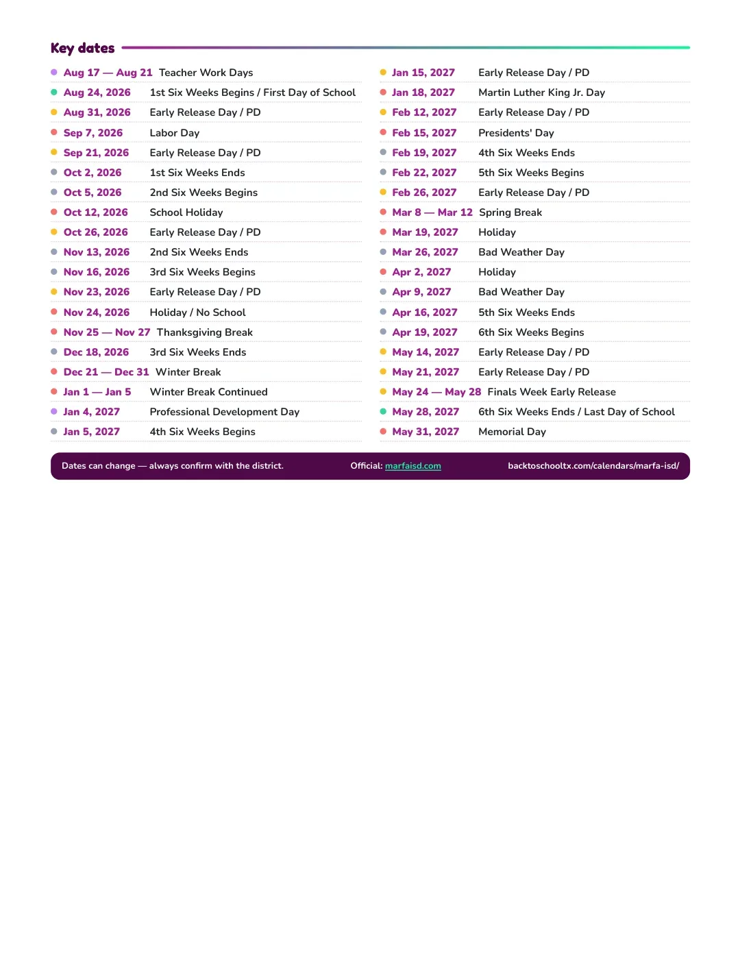 Marfa ISD Calendar for the Year 26-27 — key dates