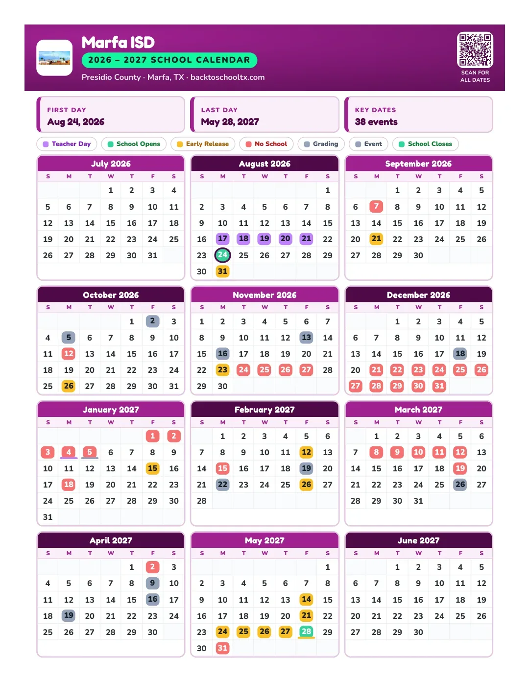 Marfa ISD Calendar for the Year 26-27