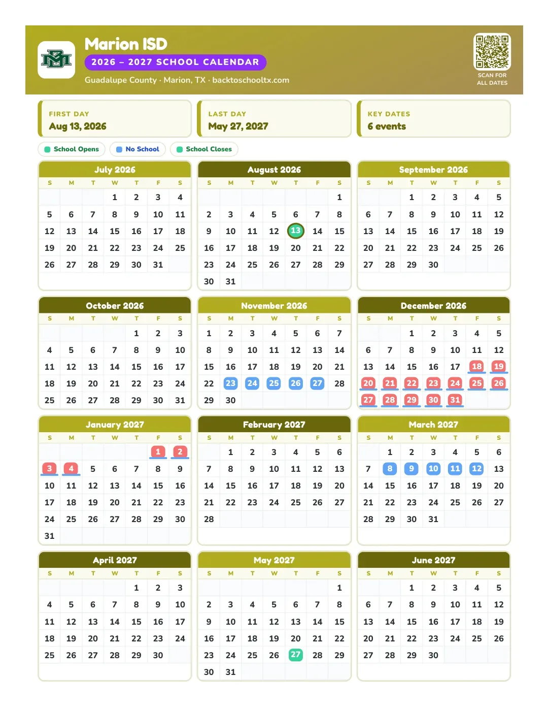 Marion ISD Calendar for the Year 26-27